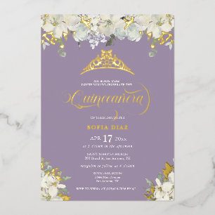 Invitation En Aluminium Élégant Quinceañera Floral Violet Or