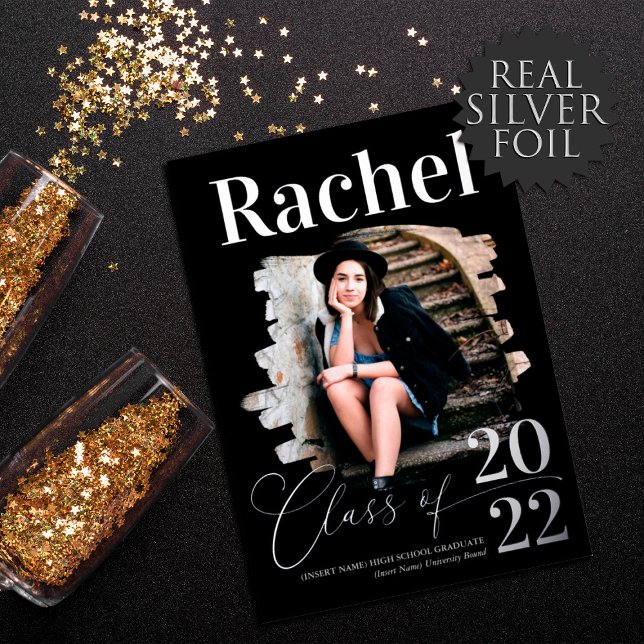 Invitation En Aluminium Élégant Real Silver Typographie Classe de Graduati (Créateur téléchargé)