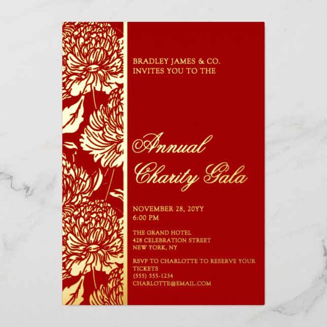 Invitation En Aluminium Élégant Red Botanical Charity Event Gala Party (Recto)