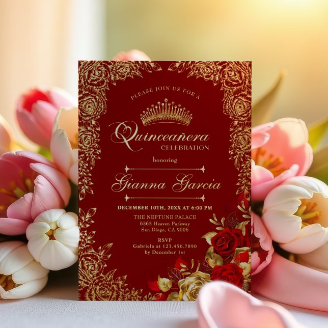 Invitation En Aluminium Élégant Red Gold Floral Quinceanera Party (Créateur téléchargé)