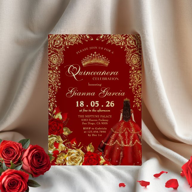 Invitation En Aluminium Élégant Red Gold Floral Quinceanera Party Fhuile d (Créateur téléchargé)