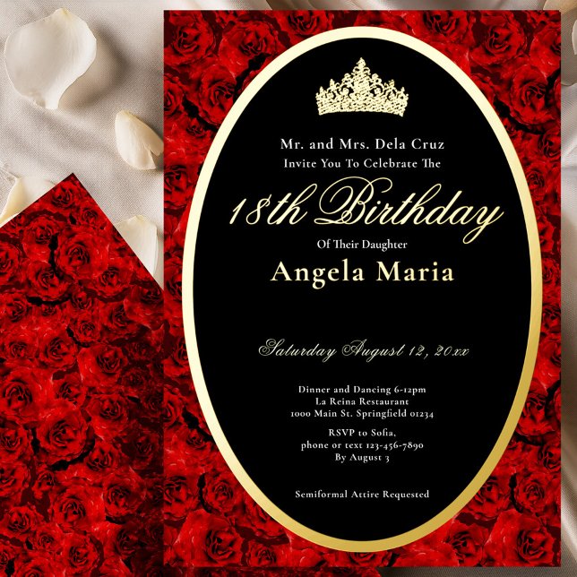 Invitation En Aluminium Elegant Red Roses 18th Birthday Debut Gold (Créateur téléchargé)