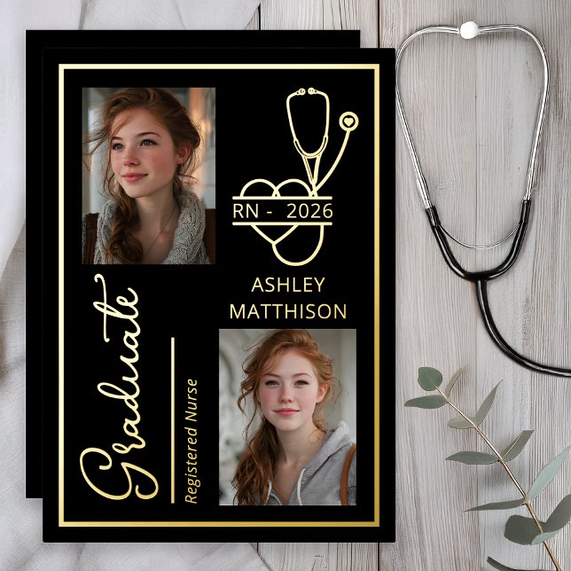 Invitation En Aluminium Elegant RN 2026 Nursing Grad Photo Announcement (Elegant RN Nursing 2026 Graduation Photo Announcement - Black | Gold Foil)