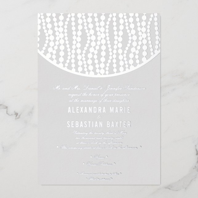 Invitation En Aluminium Élégant Romantique Script Perles Grises Mariage Ar (Recto)