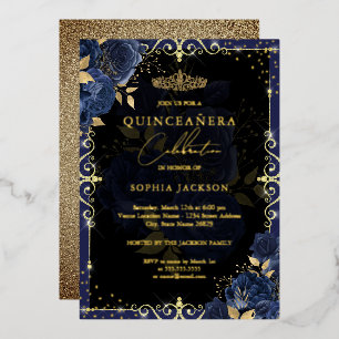 Invitation En Aluminium Elégant Rose bleu or Quinceanera