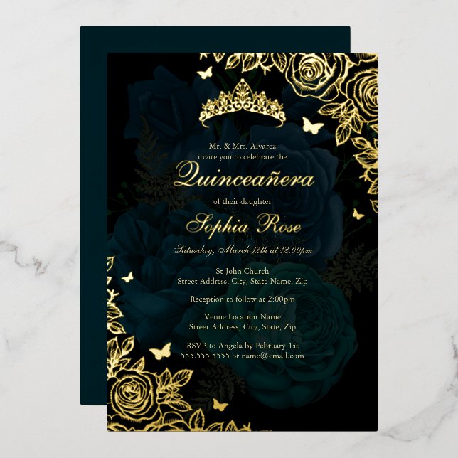 Invitation En Aluminium Elégant Rose bleu or Turquoise Quinceanera (Recto/Verso)