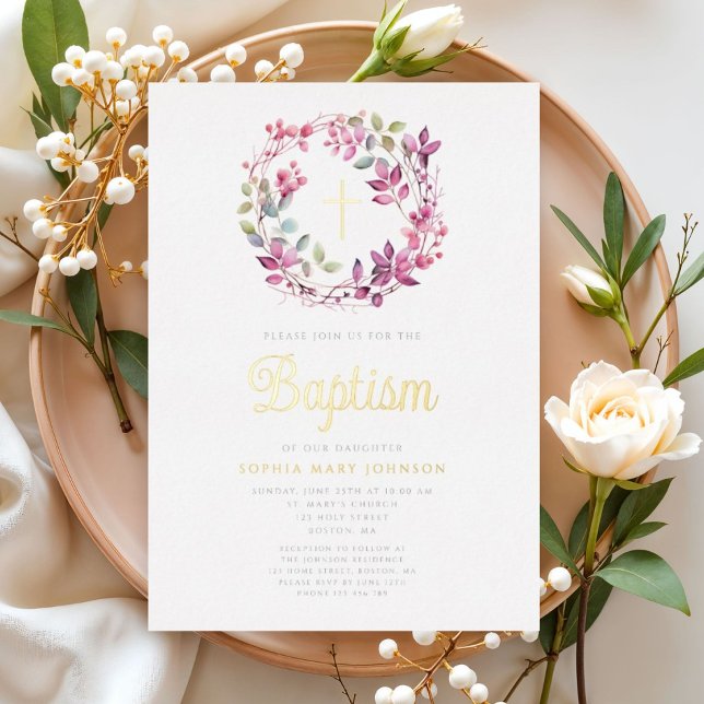 Invitation En Aluminium Élégant rose Botanique Religieux Fille Baptême (Elegant Pink Botanical Religious Girl Baptism Foil Invitation)