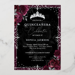 Invitation En Aluminium Elégant Rose d'argent de Bourgogne Quinceanera