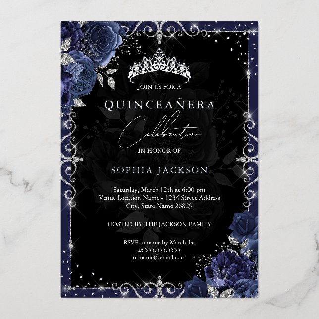 Invitation En Aluminium Elégant Rose d'argent de la Marine Quinceanera (Recto)