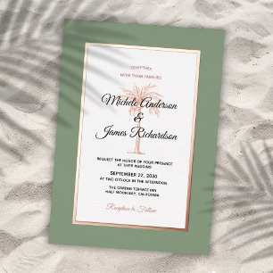 Invitation En Aluminium Elégant Rose de Sage Gold Palm Tree Mariage Tropic