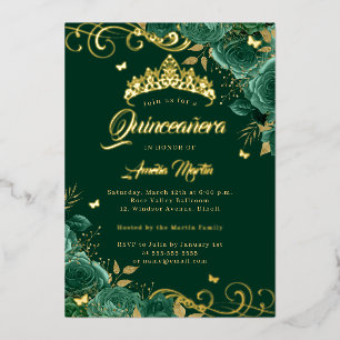 Invitation En Aluminium Élégant Rose Emeraude Swirl Gold Quinceanera
