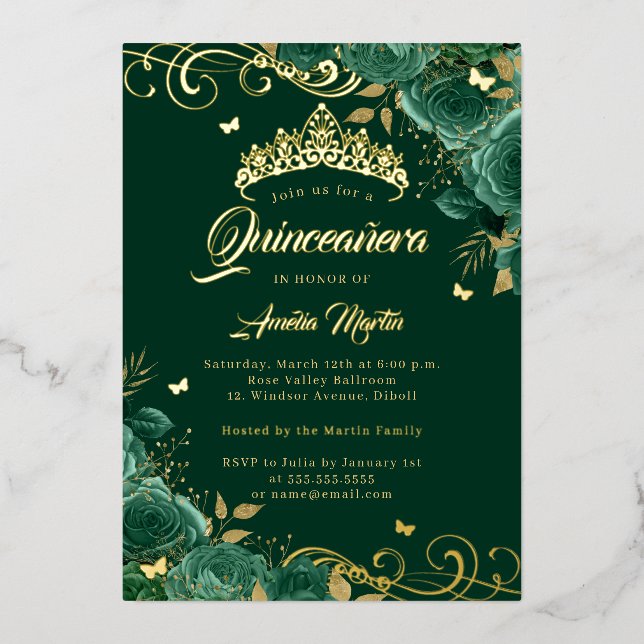 Invitation En Aluminium Élégant Rose Emeraude Swirl Gold Quinceanera (Recto)