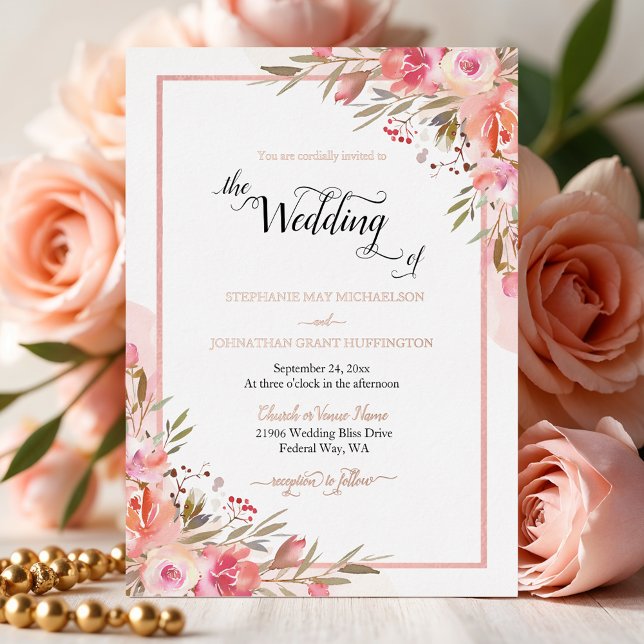 Invitation En Aluminium Elégant rose Floral Aquarelle Mariage Rose Or (Elegant Pink Floral Watercolor Wedding Rose Gold Foil Invitation)