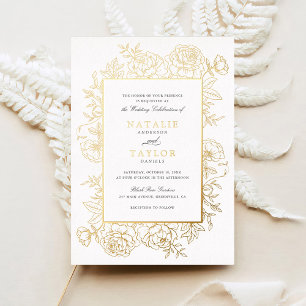 Invitation En Aluminium Élégant Rose Floral Frame Gold Foil Mariage