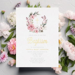 Invitation En Aluminium Élégant rose Floral Wreath Girl Baptism Or