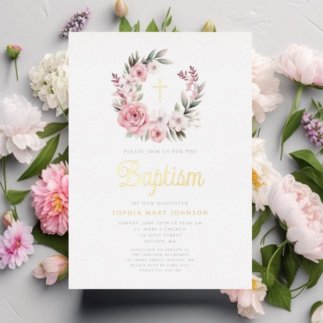 Invitation En Aluminium Élégant rose Floral Wreath Girl Baptism Or (Elegant Pink Floral Wreath Girl Baptism Gold Foil Invitation)