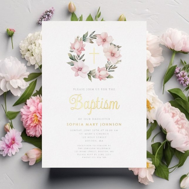 Invitation En Aluminium Élégant rose Floral Wreath Girl Baptism Or (Elegant Pink Floral Wreath Girl Baptism Gold Foil Invitation)