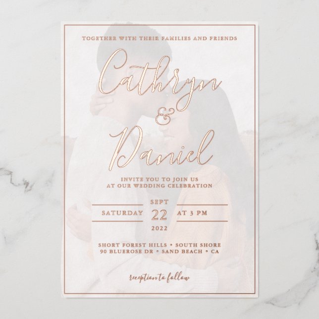 Invitation En Aluminium Elégant Rose Gold avec mariage photo (Recto)