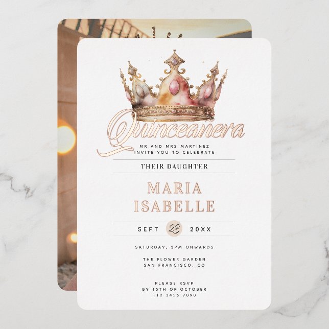 Invitation En Aluminium Élégant Rose Gold Crown Quinceañera Party (Recto/Verso)