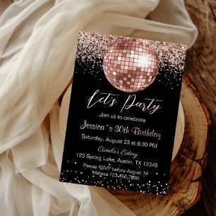 Invitation En Aluminium Elégant Rose Gold Disco Ball Faisons la fête Anniv