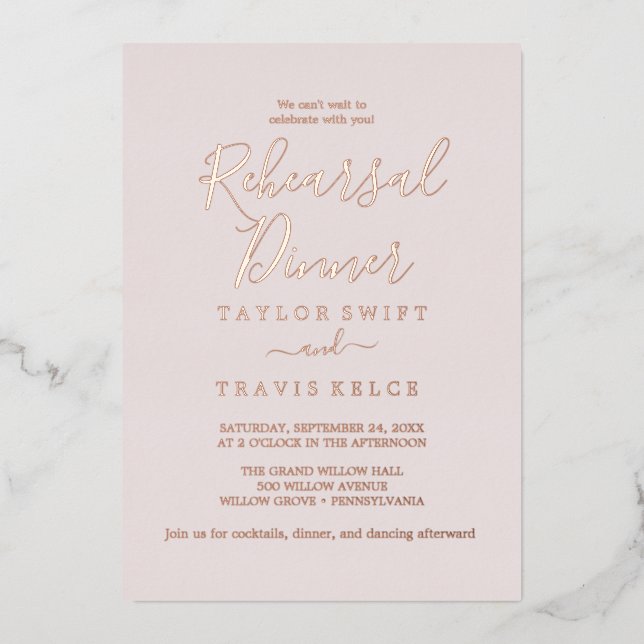 Invitation En Aluminium Élégant Rose Gold Foil | Dîner de répétition (Recto)