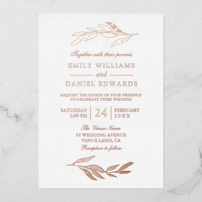 Invitation En Aluminium Élégant Rose Gold Foil Feuille moderne Mariage (Recto)