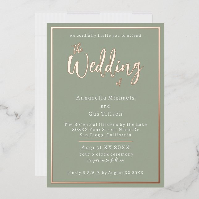Invitation En Aluminium Élégant Rose Gold Foil sur Sage Green Mariage (Enveloppe)
