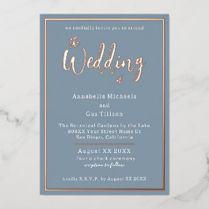 Invitation En Aluminium Élégant Rose Gold Foil sur un mariage bleu poussié