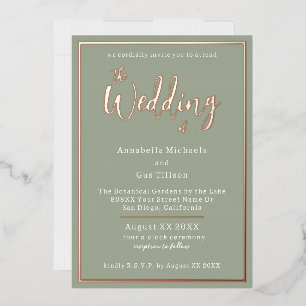 Invitation En Aluminium Élégant Rose Gold Foil sur Vert Sauge Mariage