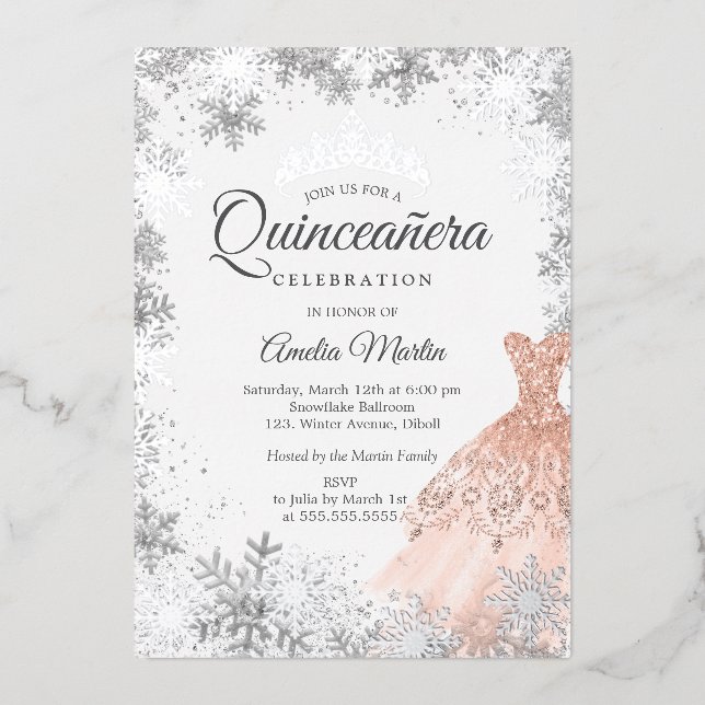 Invitation En Aluminium Élégant Rose Gold Hiver Flocon de neige Quinceaner (Recto)
