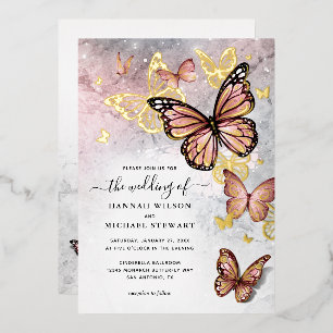 Invitation En Aluminium Élégant Rose Gold Papillon Mariage Réel