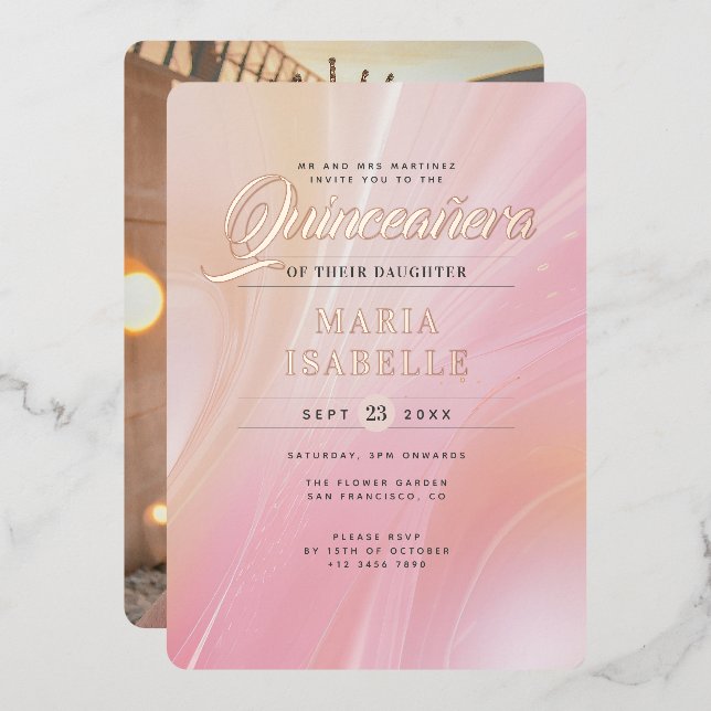 Invitation En Aluminium Élégant Rose Gold rose Marbre Quinceañera Party (Recto/Verso)