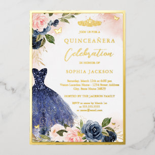 Invitation En Aluminium Elégant rose Marine Floral Tiara robe Quinceanera