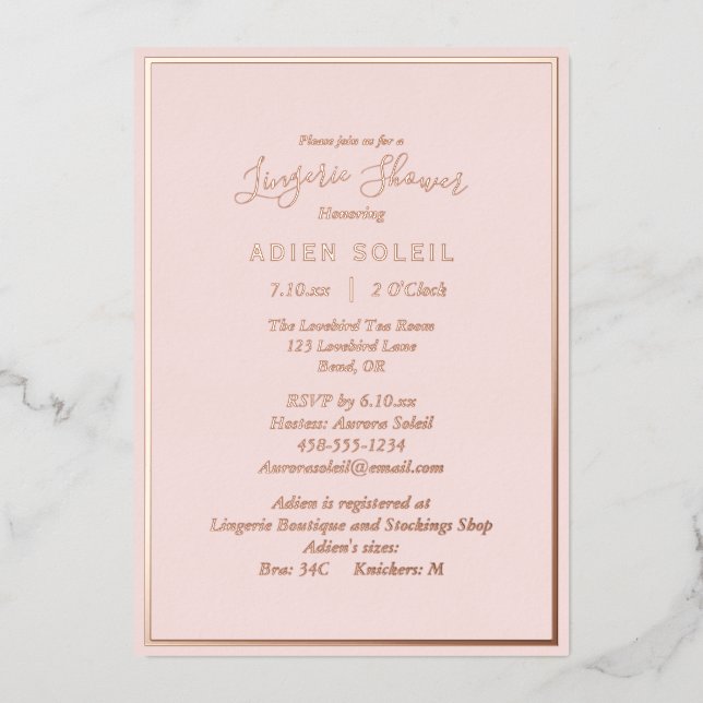 Invitation En Aluminium Elégant Rose moderne Blush Gold Lingerie Douche (Recto)