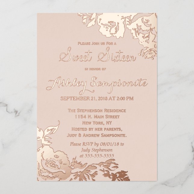 Invitation En Aluminium Élégant Rose moderne simple Floral Gold Sweet 16 (Recto)