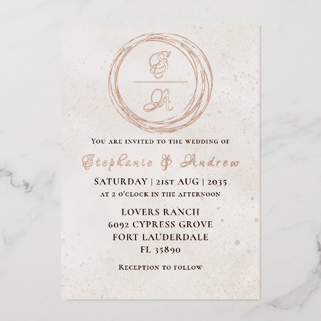 Invitation En Aluminium Elégant Rose Monogramme or Mariage Foil Invitatiat (Recto)