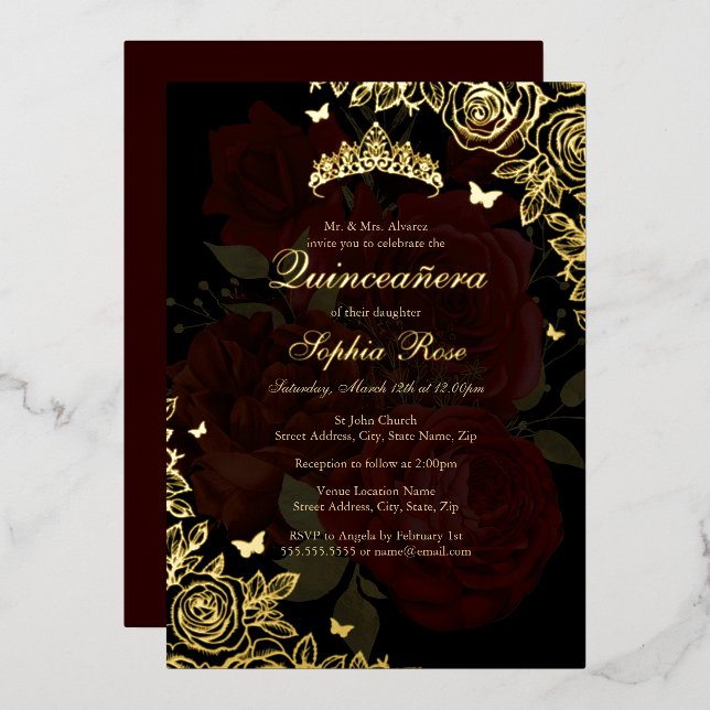 Invitation En Aluminium Élégant Rose or de Bourgogne rouge Quinceanera (Recto/Verso)