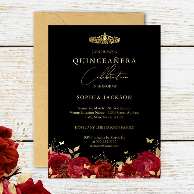 Invitation En Aluminium Élégant Rose rouge or papillon Quinceanera (Créateur téléchargé)