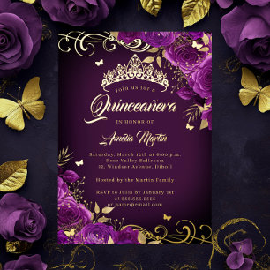 Invitation En Aluminium Élégant Rose violet Swirl Gold Quinceanera