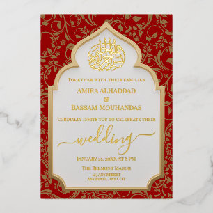 Invitation En Aluminium Élégant Rouge et or Real Foil Mariage islamique