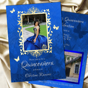 Invitation En Aluminium Élégant Royal Bleu, Papillons Dorés Quinceanera