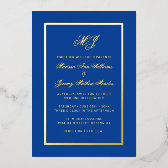 Invitation En Aluminium Élégant Royal Blue Gold Calligraphy Script Mariage (Recto)