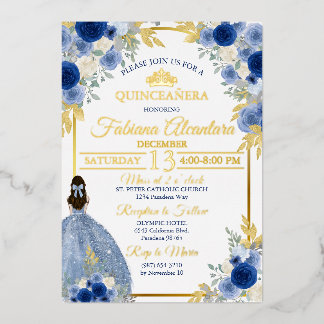 Invitation En Aluminium Elegant Royal Blue & Gold Rose Quinceañera