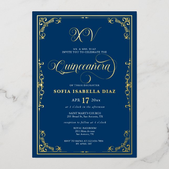 Invitation En Aluminium Elégant Royal Blue Quinceañera or ou argent (Recto)