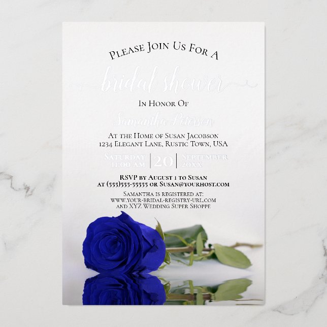 Invitation En Aluminium Elégant Royal Blue Rose et Fête des mariées argent (Recto)