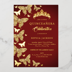 Invitation En Aluminium Élégant Royal Red Gold Butterfly Quinceanera