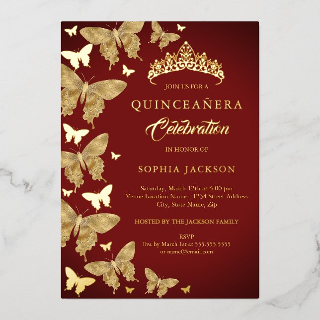 Invitation En Aluminium Élégant Royal Red Gold Butterfly Quinceanera (Recto)
