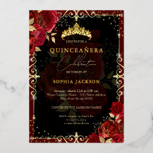 Invitation En Aluminium Élégant Royal Red Sparkle Gold Rose Quinceanera
