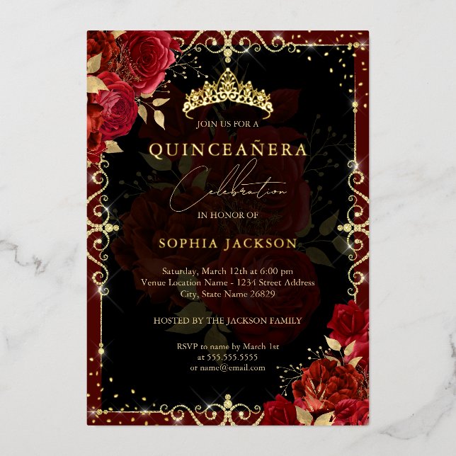 Invitation En Aluminium Élégant Royal Red Sparkle Gold Rose Quinceanera (Recto)