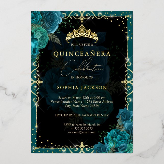 Invitation En Aluminium Elégant Royal Turquoise Gold Rose Quinceanera (Recto)